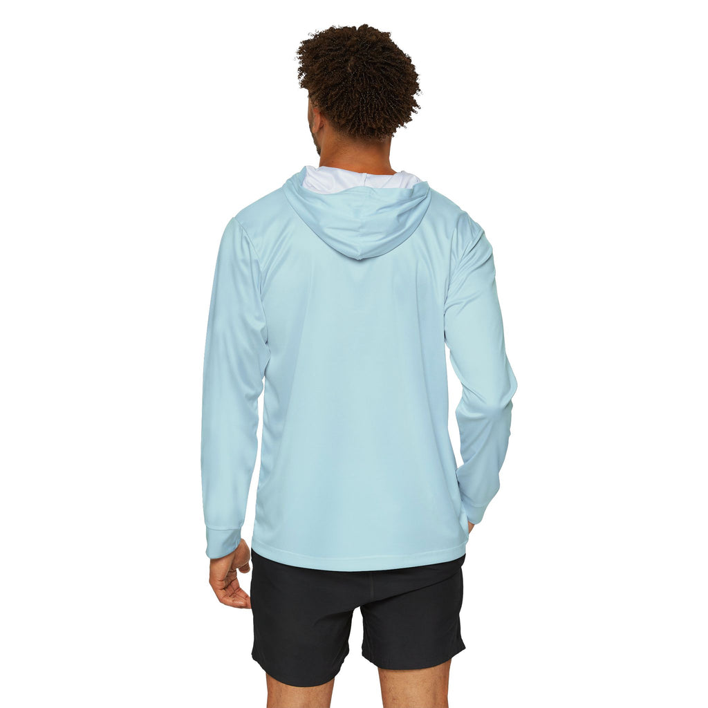Back view of the Light Blue Team Victories warmup hoodie with hood and long sleeves