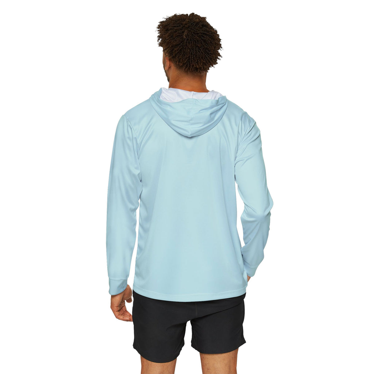 Back view of the Light Blue Team Victories warmup hoodie with hood and long sleeves