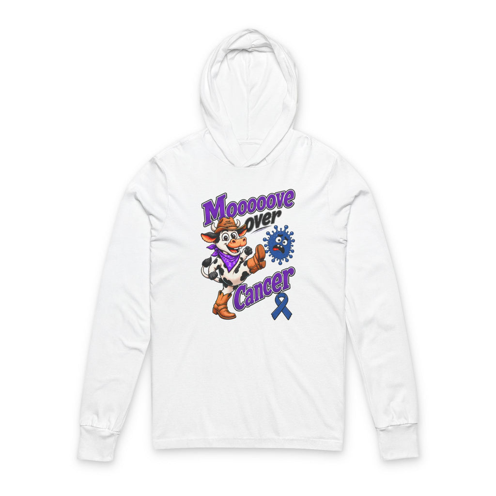 Moooove Over Cancer hooded long-sleeve tee with cow design and Colon Cancer awareness ribbon