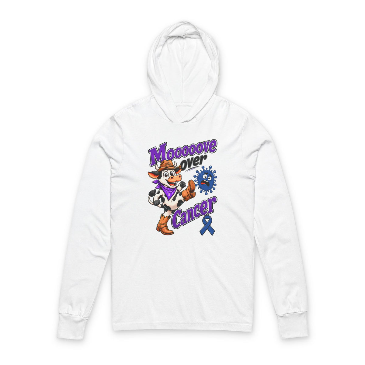Moooove Over Cancer hooded long-sleeve tee with cow design and Colon Cancer awareness ribbon