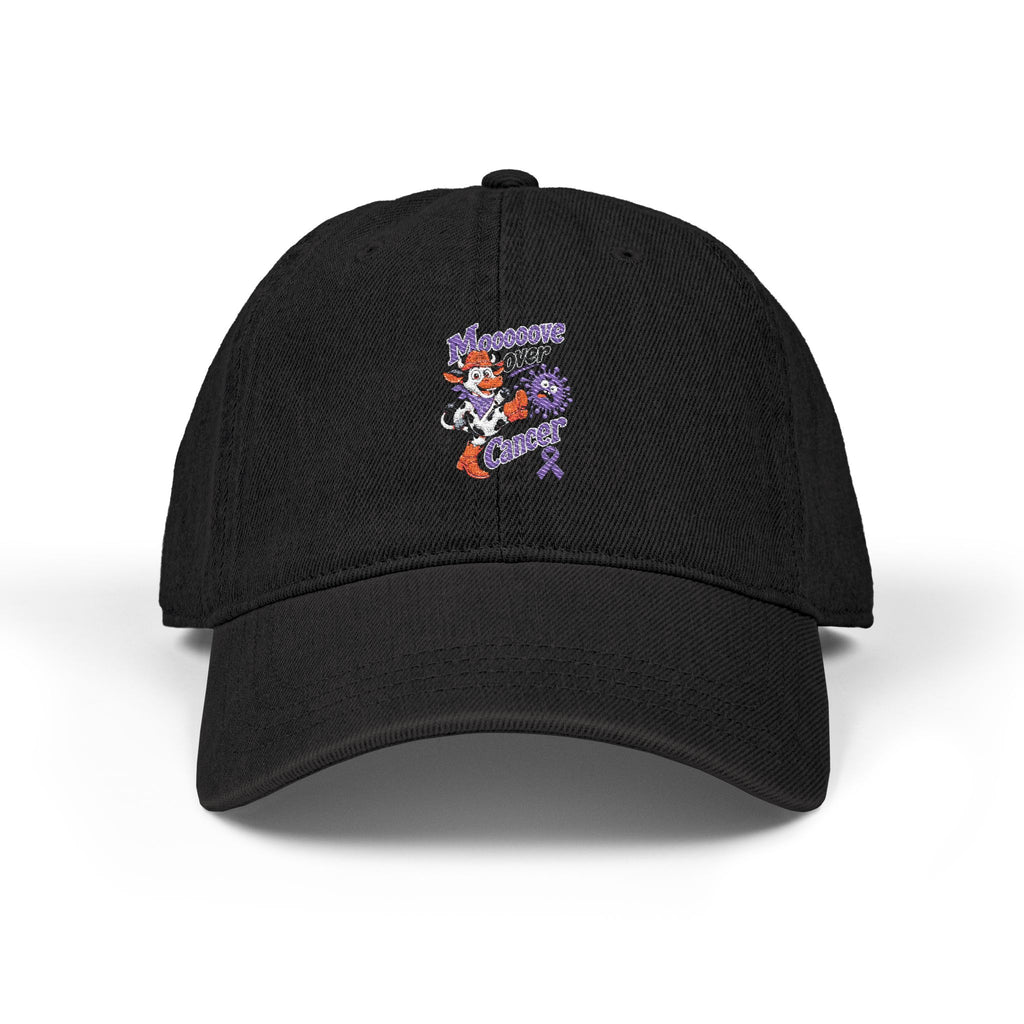 Moooove Over Cancer embroidered denim hat in black with cow and awareness ribbon artwork