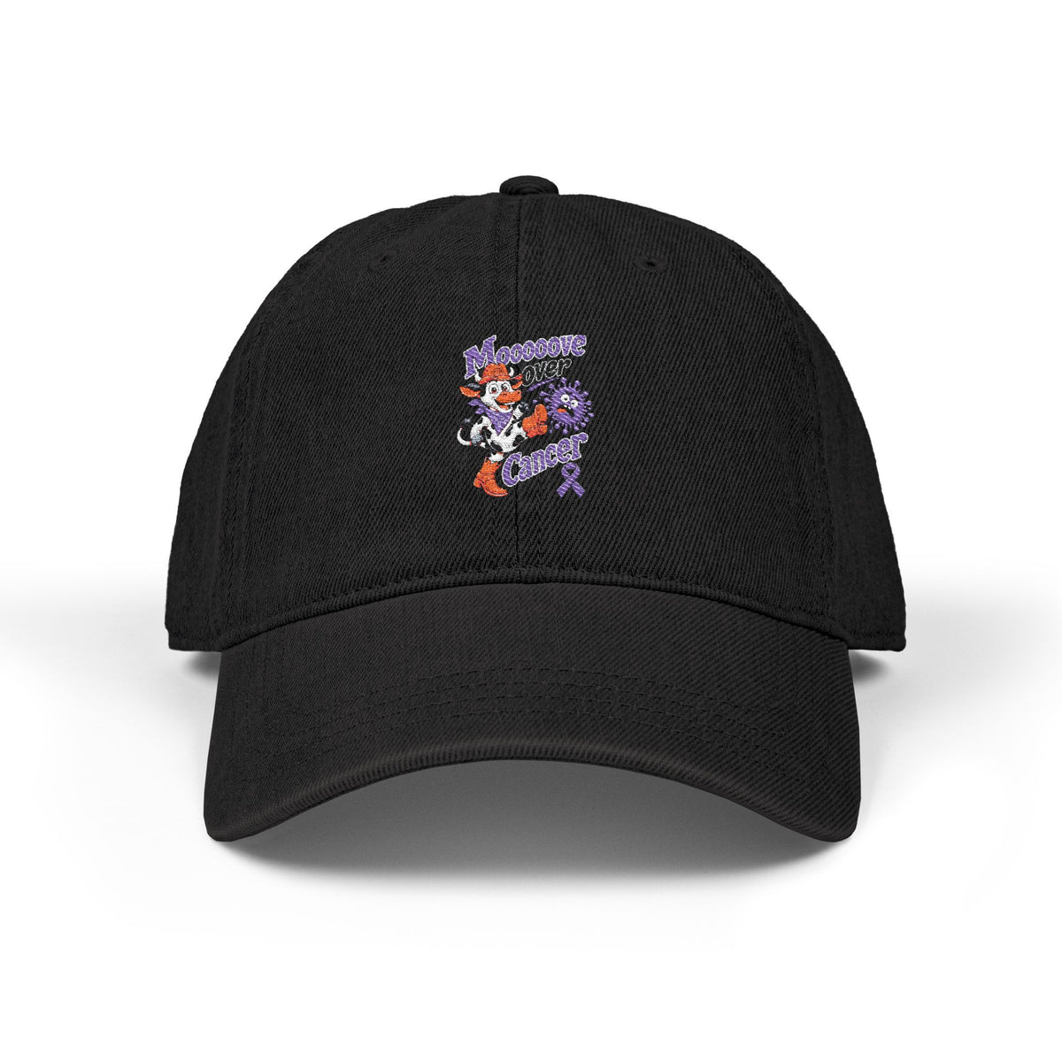 Moooove Over Cancer embroidered denim hat in black with cow and awareness ribbon artwork