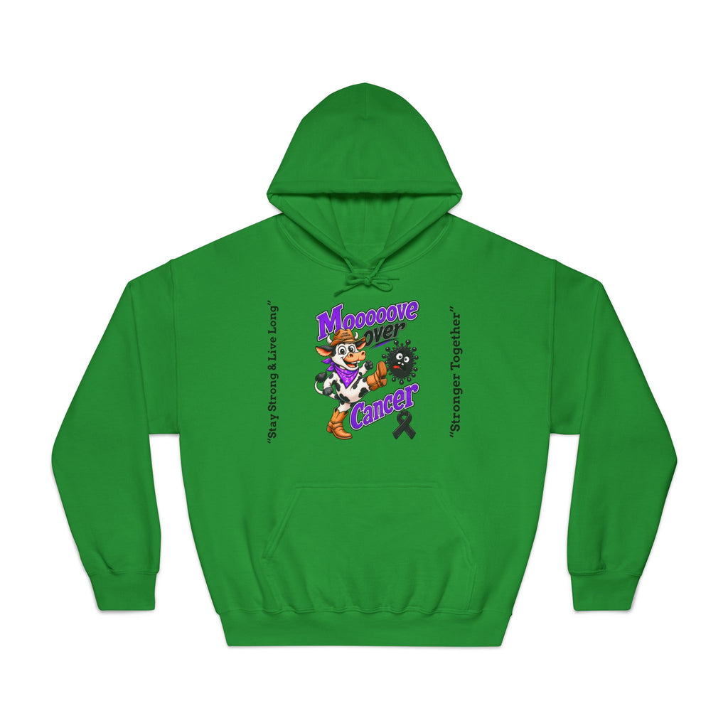 Green Moooove Over Cancer hoodie with colorful character and ribbon artwork