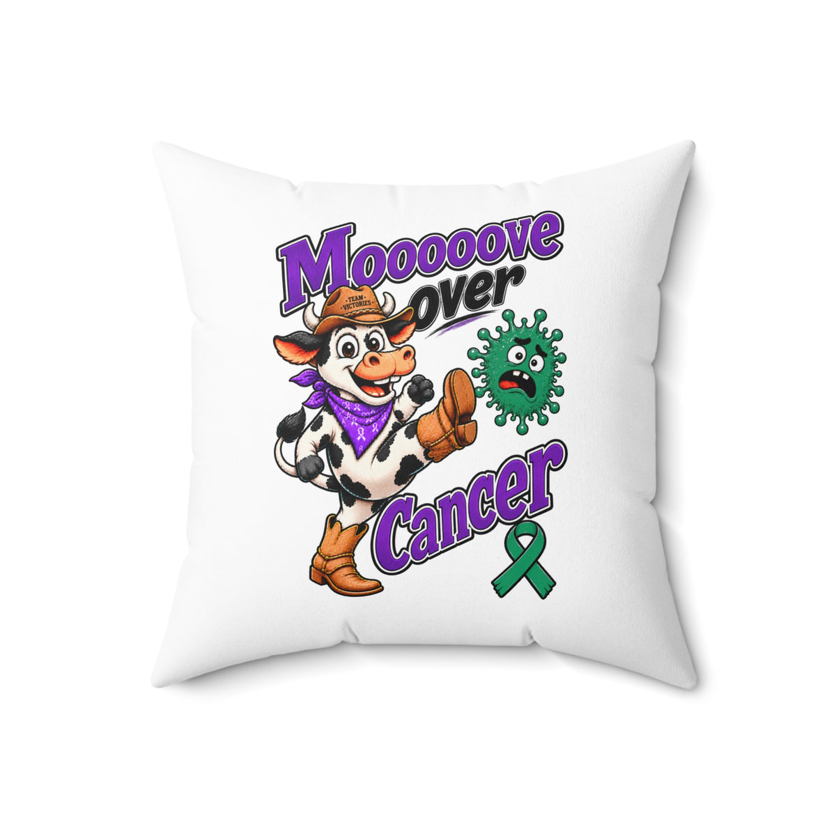 Square Moooove Over Cancer throw pillow with playful cow and Liver Cancer awareness ribbon