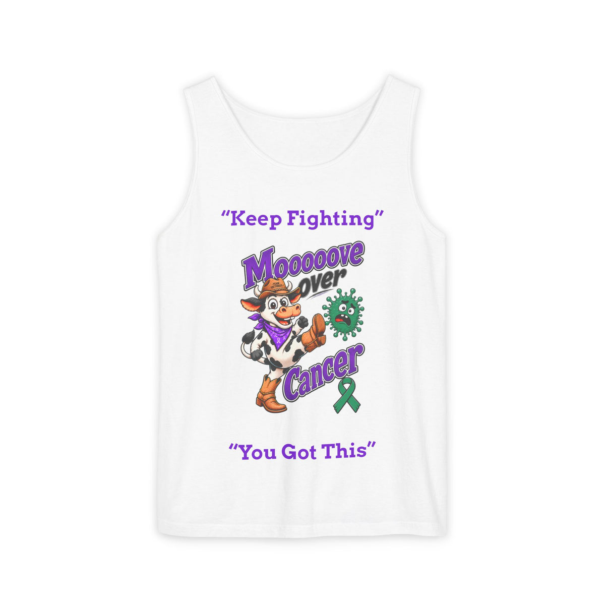 White Moooove Over Cancer tank top with Keep Fighting text and Liver Cancer awareness ribbon