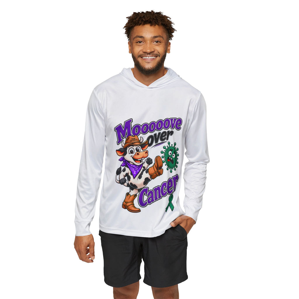 Model wearing the white Moooove Over Cancer hoodie with colorful front artwork