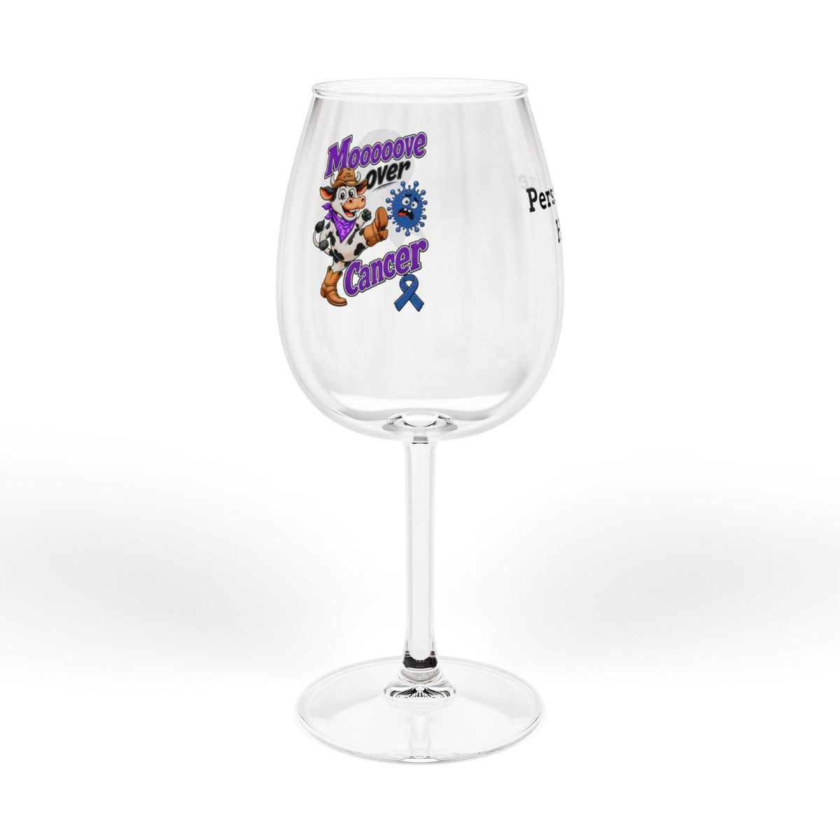 Moooove Over Cancer wine glass with colorful character artwork and blue Team Victories ribbon