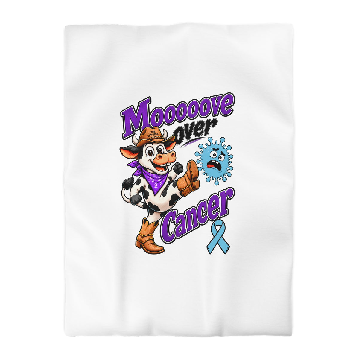 Vertical Moooove Over Cancer duvet cover featuring a Prostate Cancer awareness ribbon
