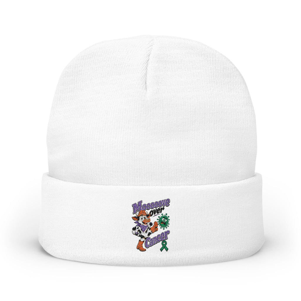 White Moooove Over Cancer embroidered beanie with colorful front artwork