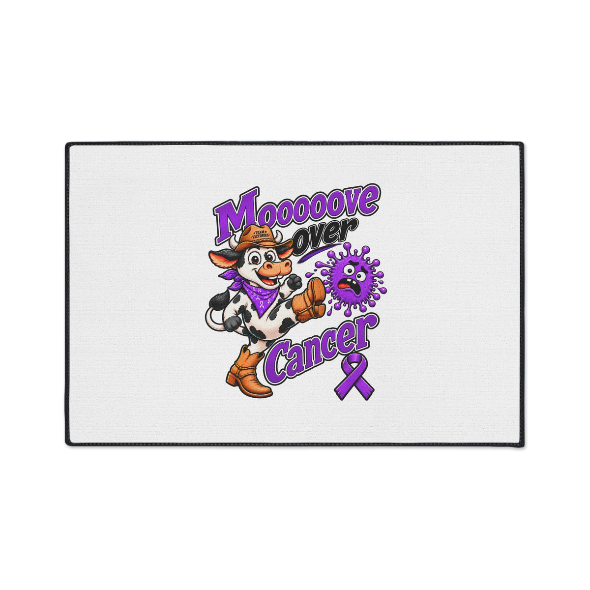 Moooove Over Cancer floor mat with black trim and Pancreatic Cancer awareness ribbon design