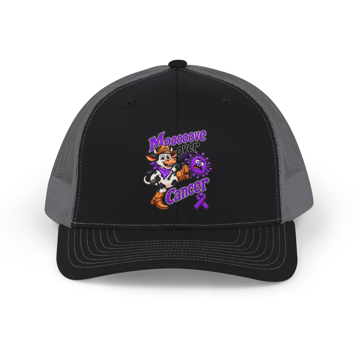 Black Moooove Over Cancer trucker cap with mesh back and purple ribbon artwork