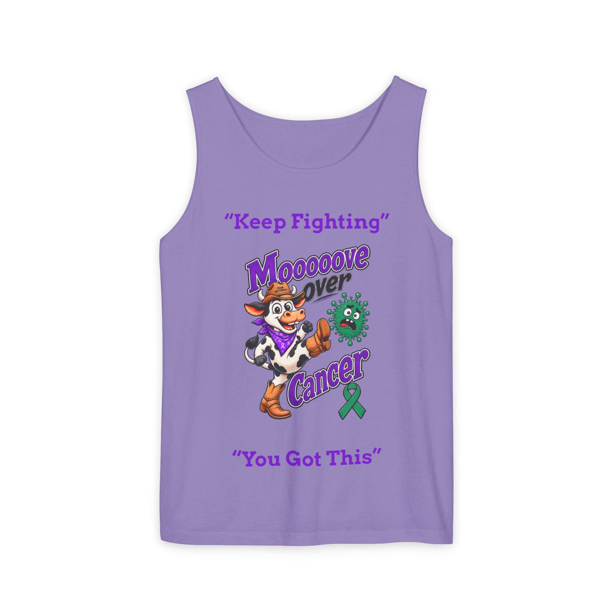 Pink Moooove Over Cancer tank top with Liver Cancer awareness ribbon and uplifting message