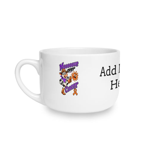 Moooove Over Cancer personalized white ceramic latte mug with orange ribbon artwork