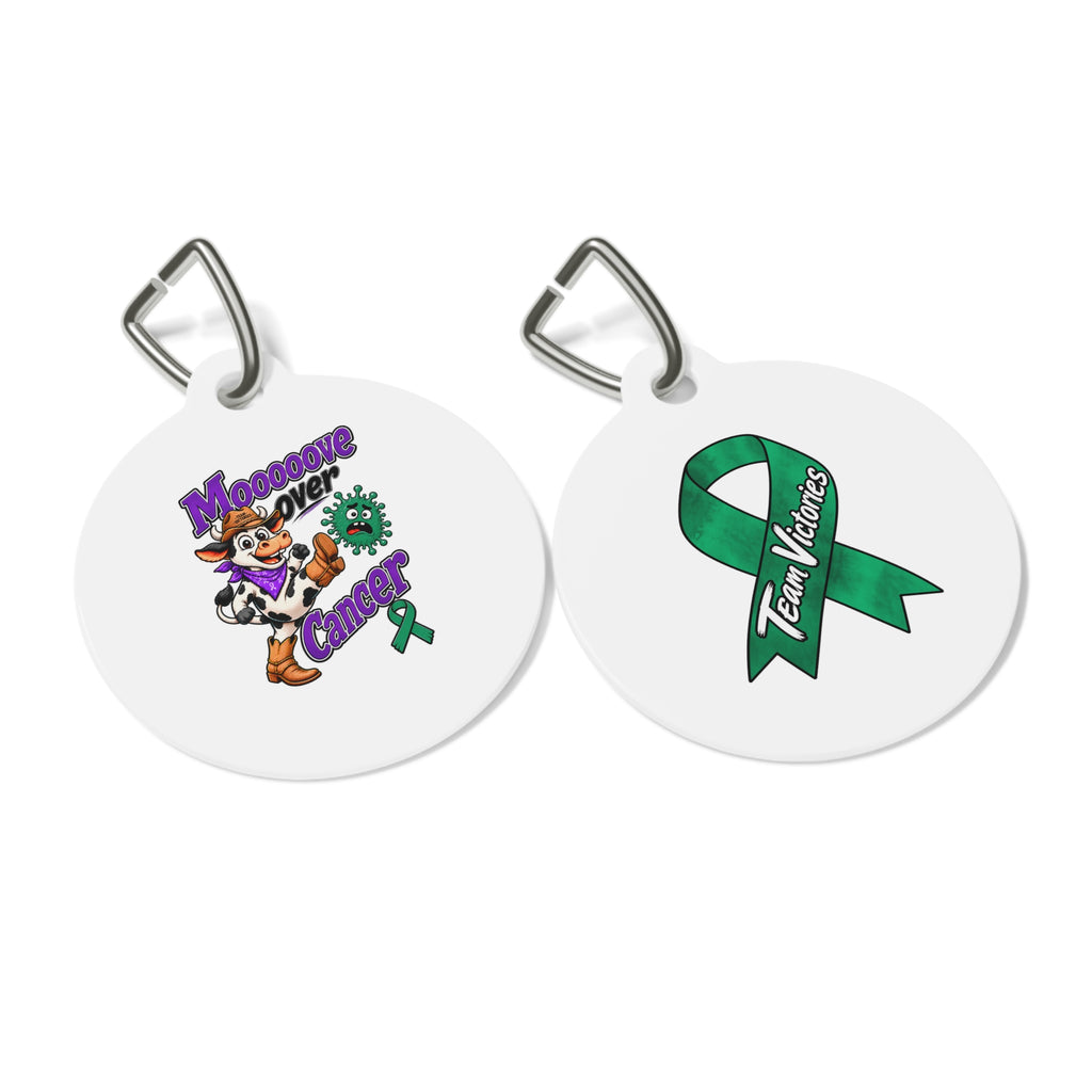 Moooove Over Cancer and Team Victories Liver Cancer awareness pet ID tags