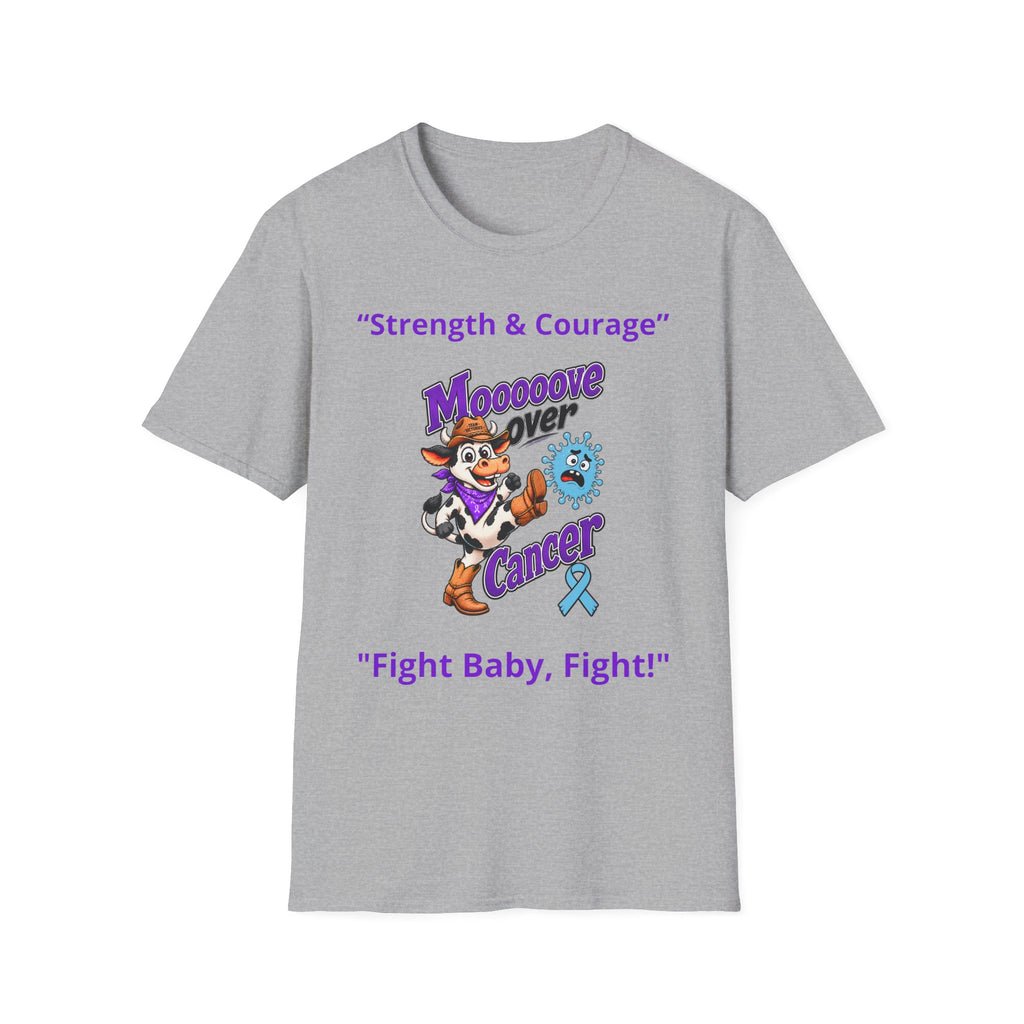Moooove Over Cancer gray T-shirt with Fight Baby Fight slogan and Prostate Cancer awareness ribbon