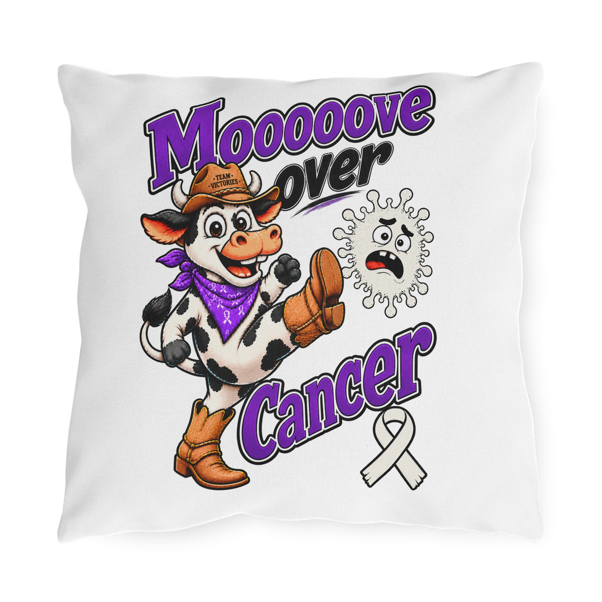Moooove Over Cancer outdoor pillow with a cheerful cow, awareness ribbon, and bold Team Victories design