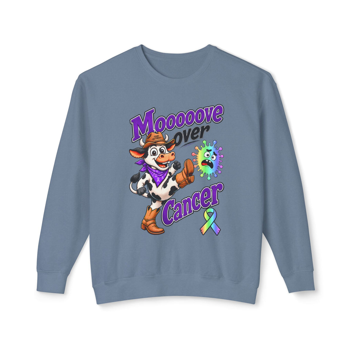Moooove Over Cancer slate blue crewneck sweatshirt with cow artwork and all-cancer awareness ribbon