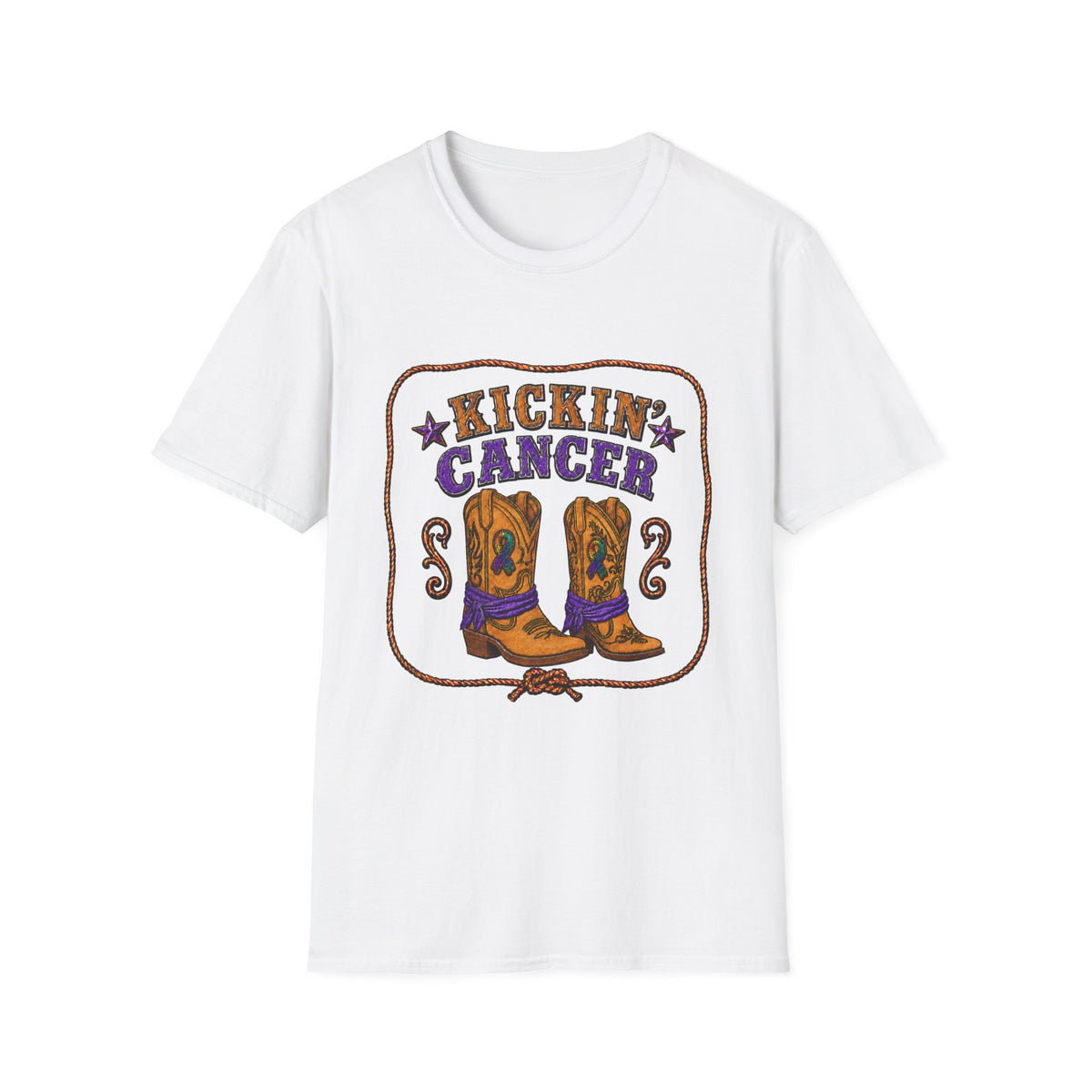 White Kickin' Cancer T-shirt with purple lettering and Western cowboy boot graphic