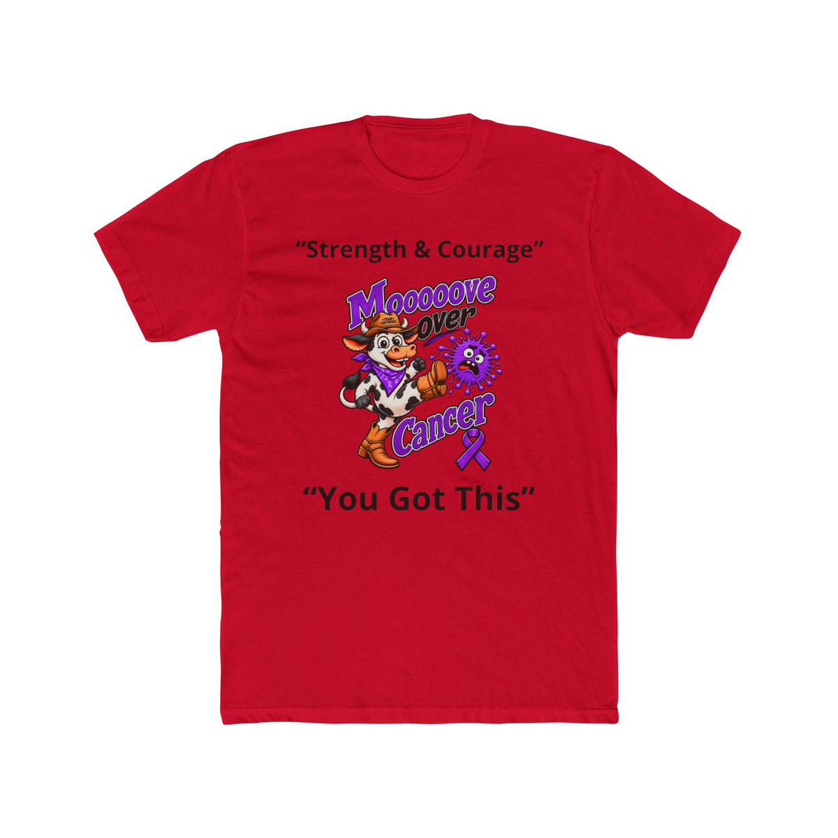 Red Moooove Over Cancer shirt featuring Strength & Courage and Pancreatic Cancer awareness ribbon artwork