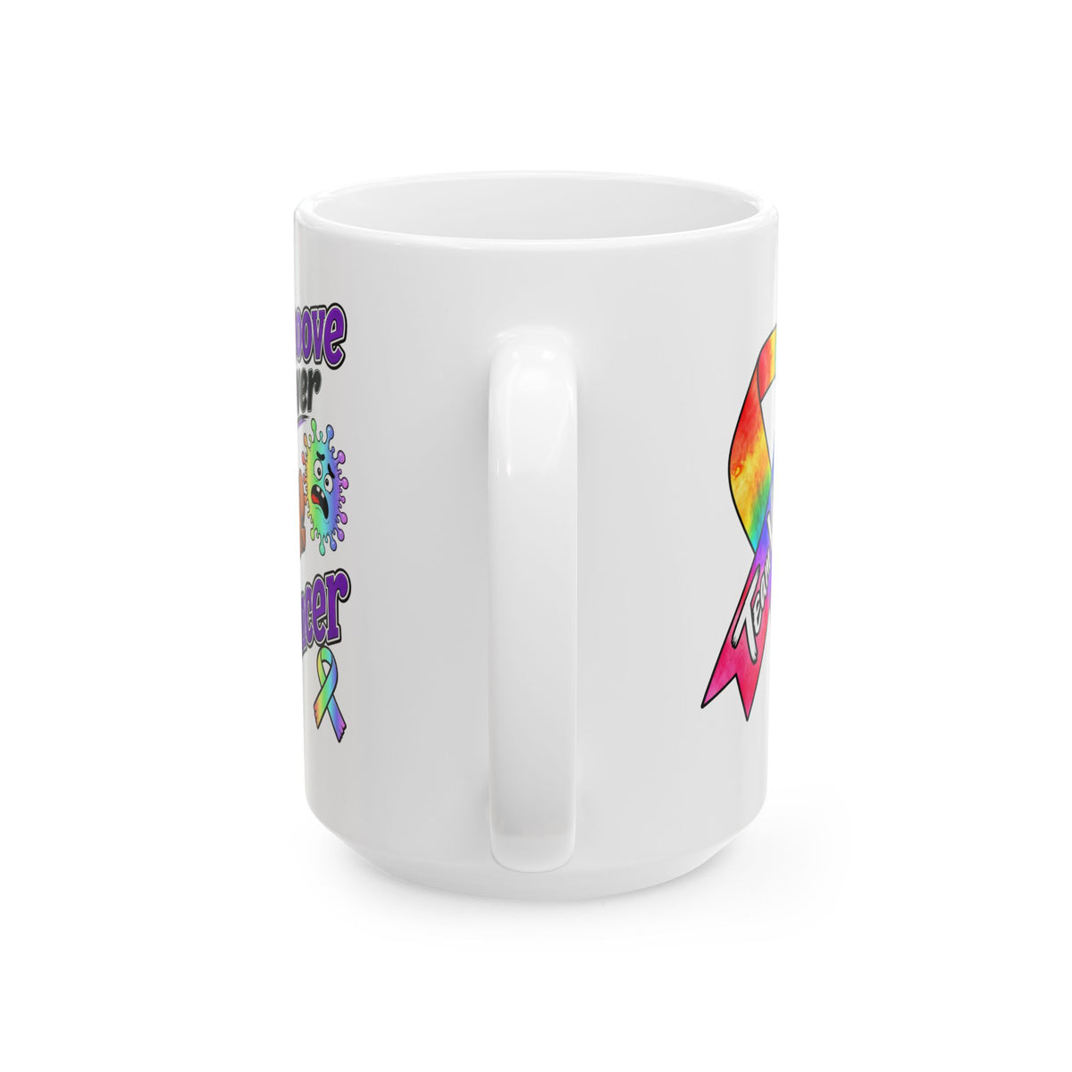 Side view of a Team Victories mug with an all-cancer awareness ribbon design
