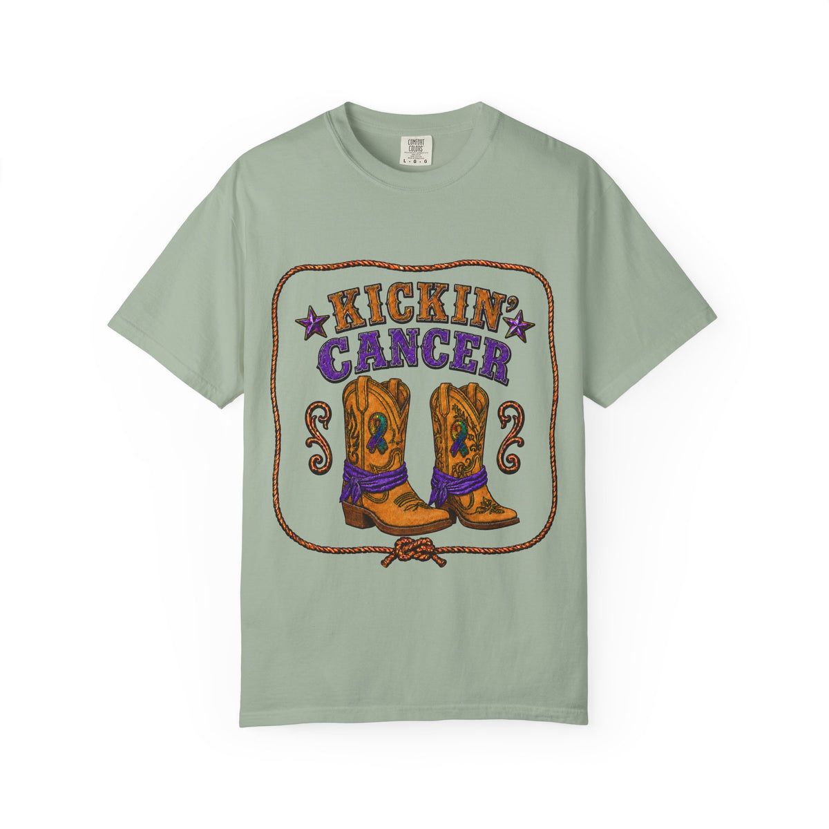 Bay green Kickin' Cancer unisex T-shirt with western cowboy boot artwork