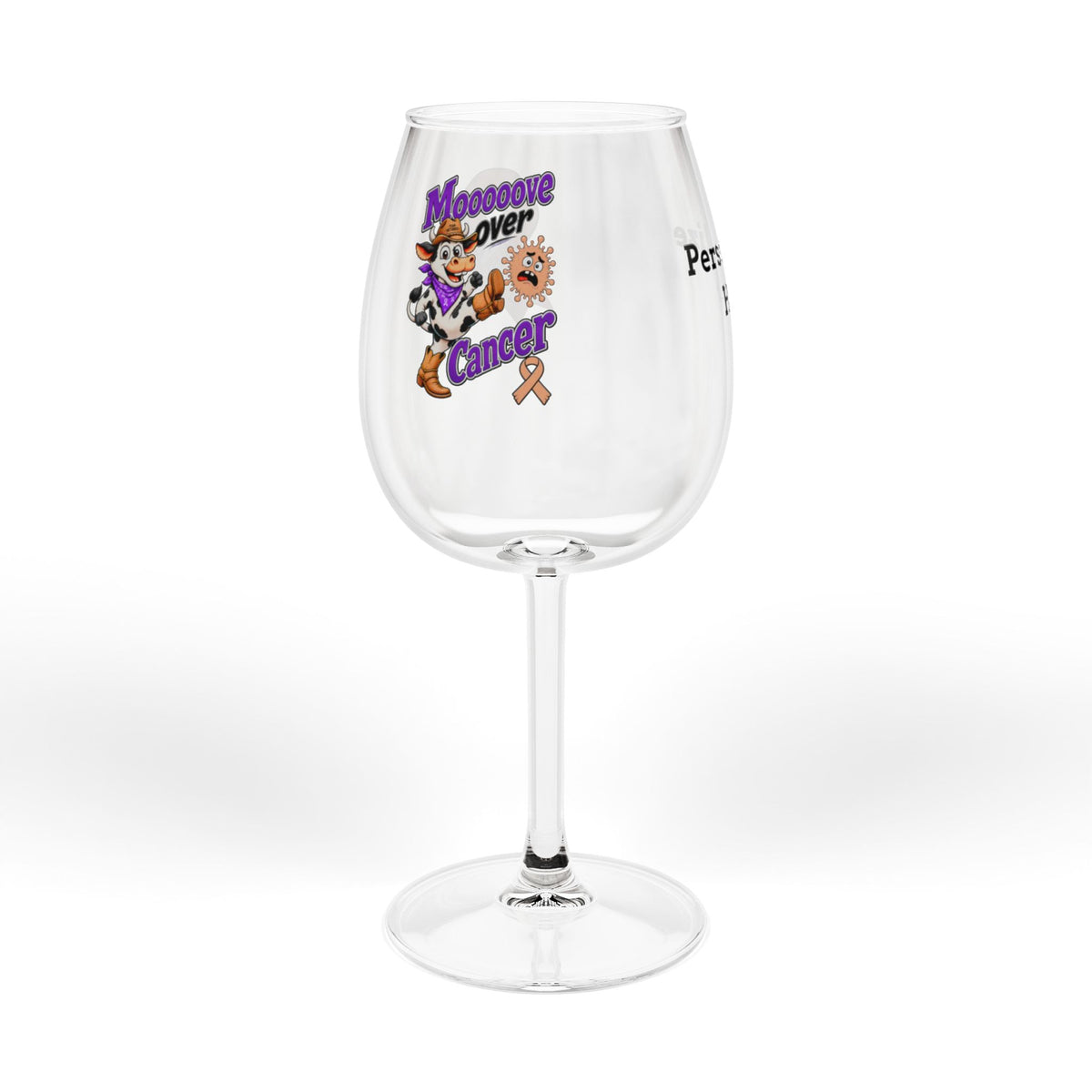 Moooove Over Cancer wine glass with colorful character and awareness ribbon artwork