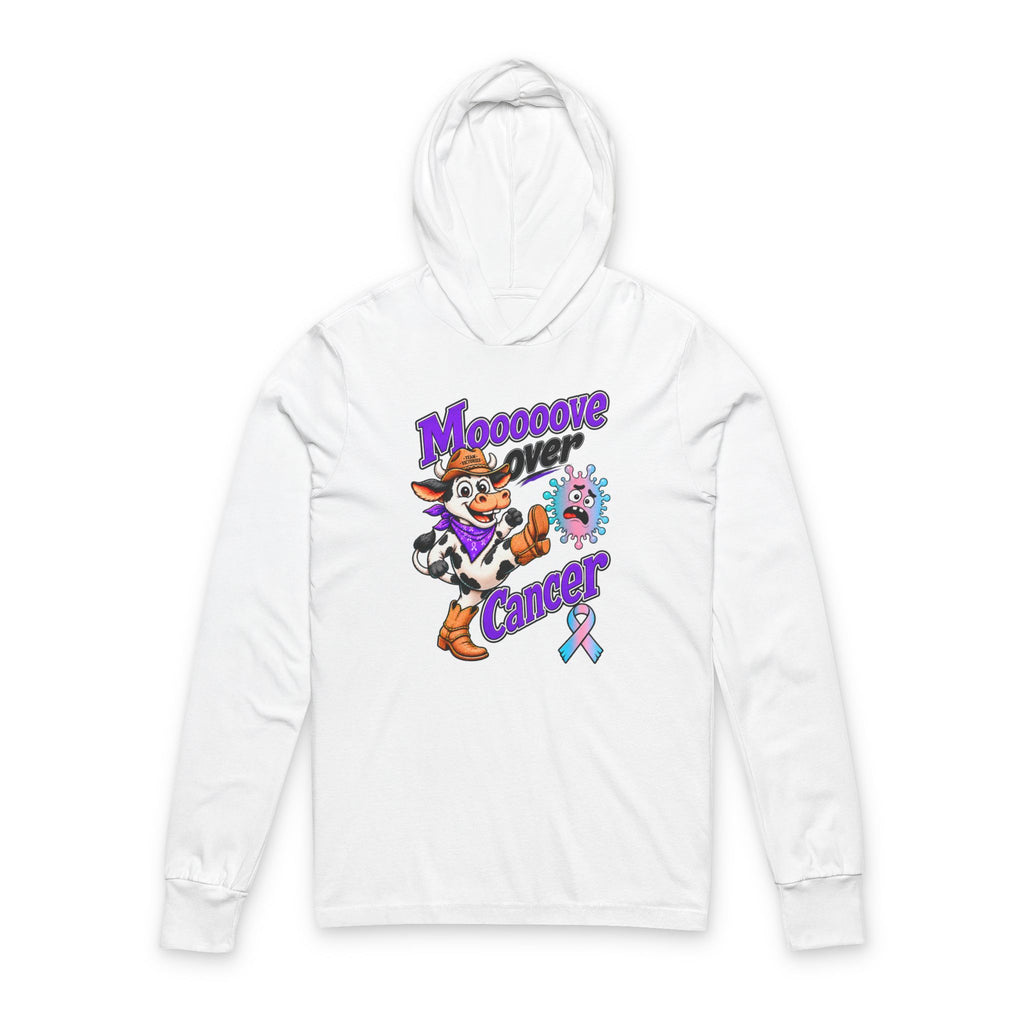 Moooove Over Cancer hooded long-sleeve tee with Thyroid Cancer awareness ribbon, front view