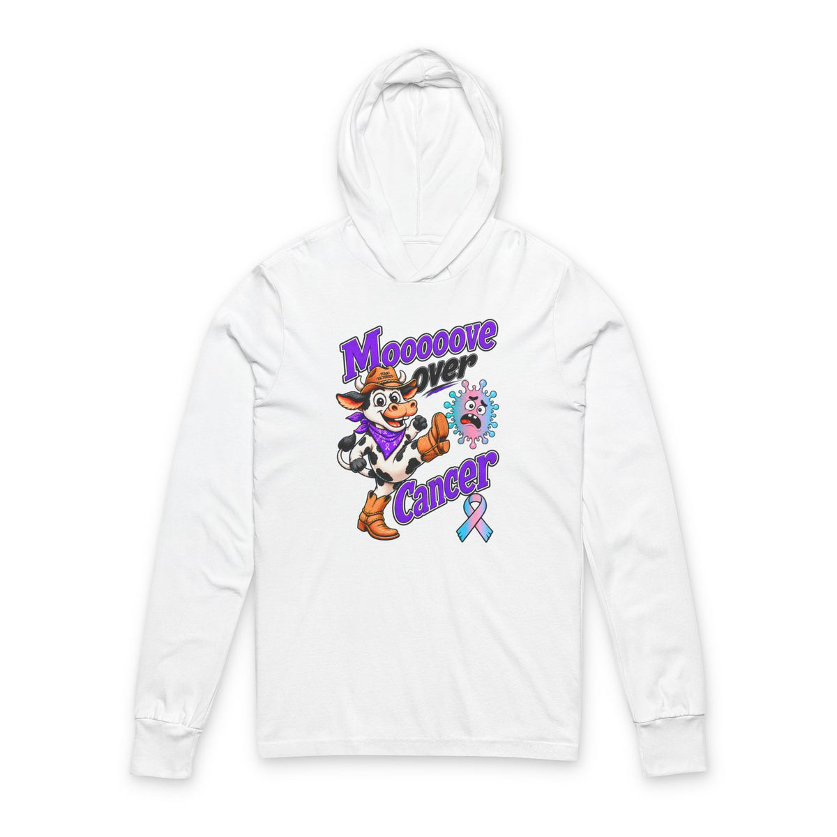 Moooove Over Cancer hooded long-sleeve tee with Thyroid Cancer awareness ribbon, front view