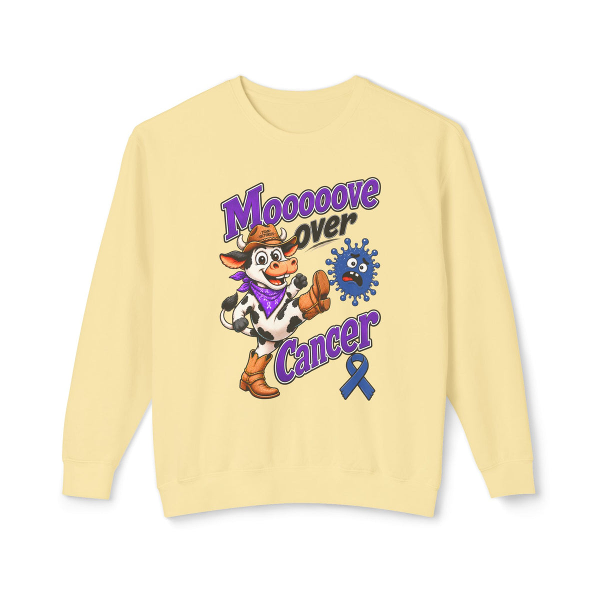Moooove Over Cancer sweatshirt featuring a cow and Colon Cancer awareness ribbon in yellow