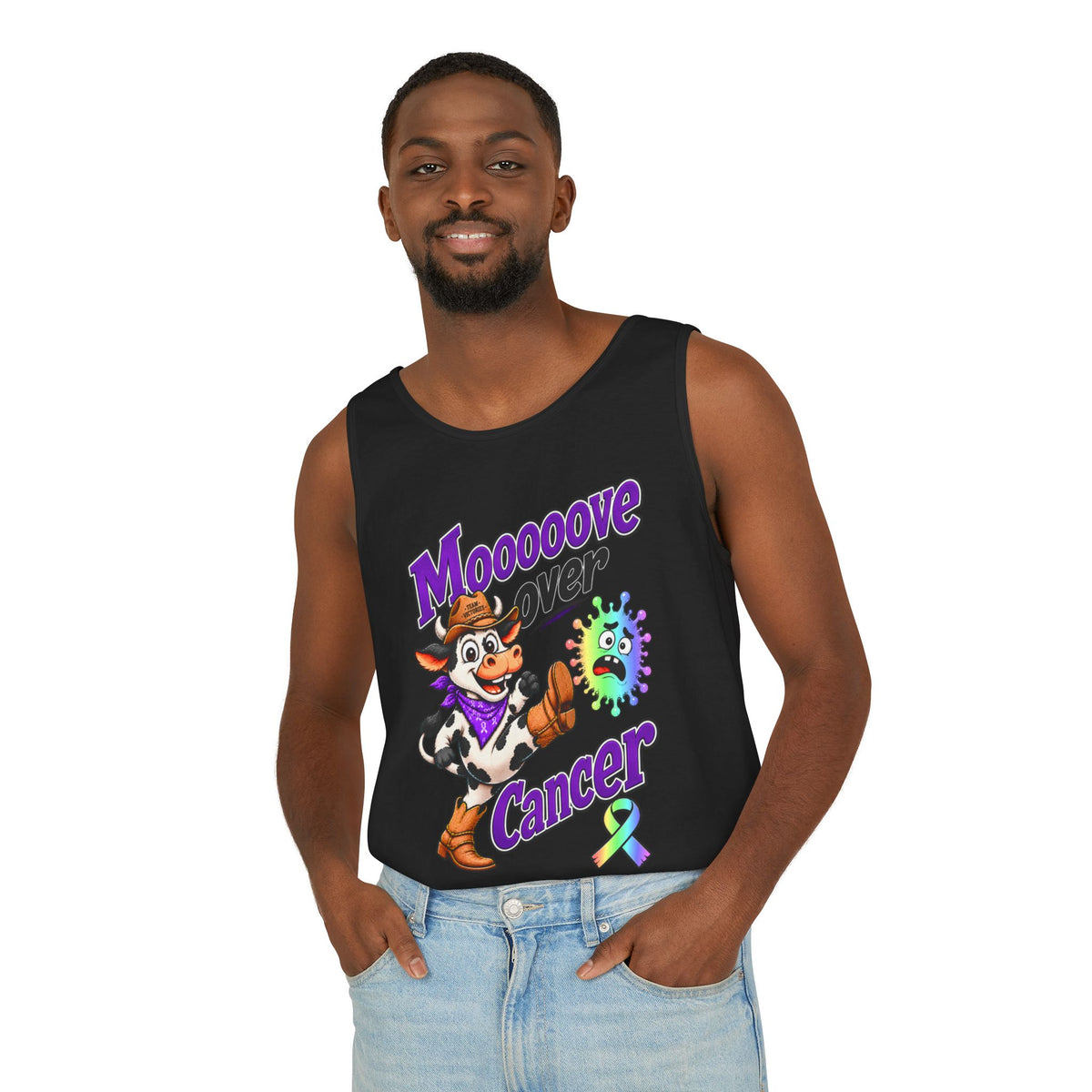 Woman wearing lavender Moooove Over Cancer tank top with cowgirl artwork