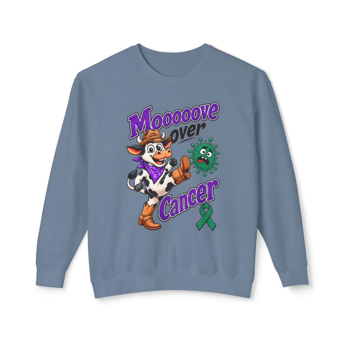 Moooove Over Cancer sweatshirt featuring a cow character and Liver Cancer awareness ribbon in blue