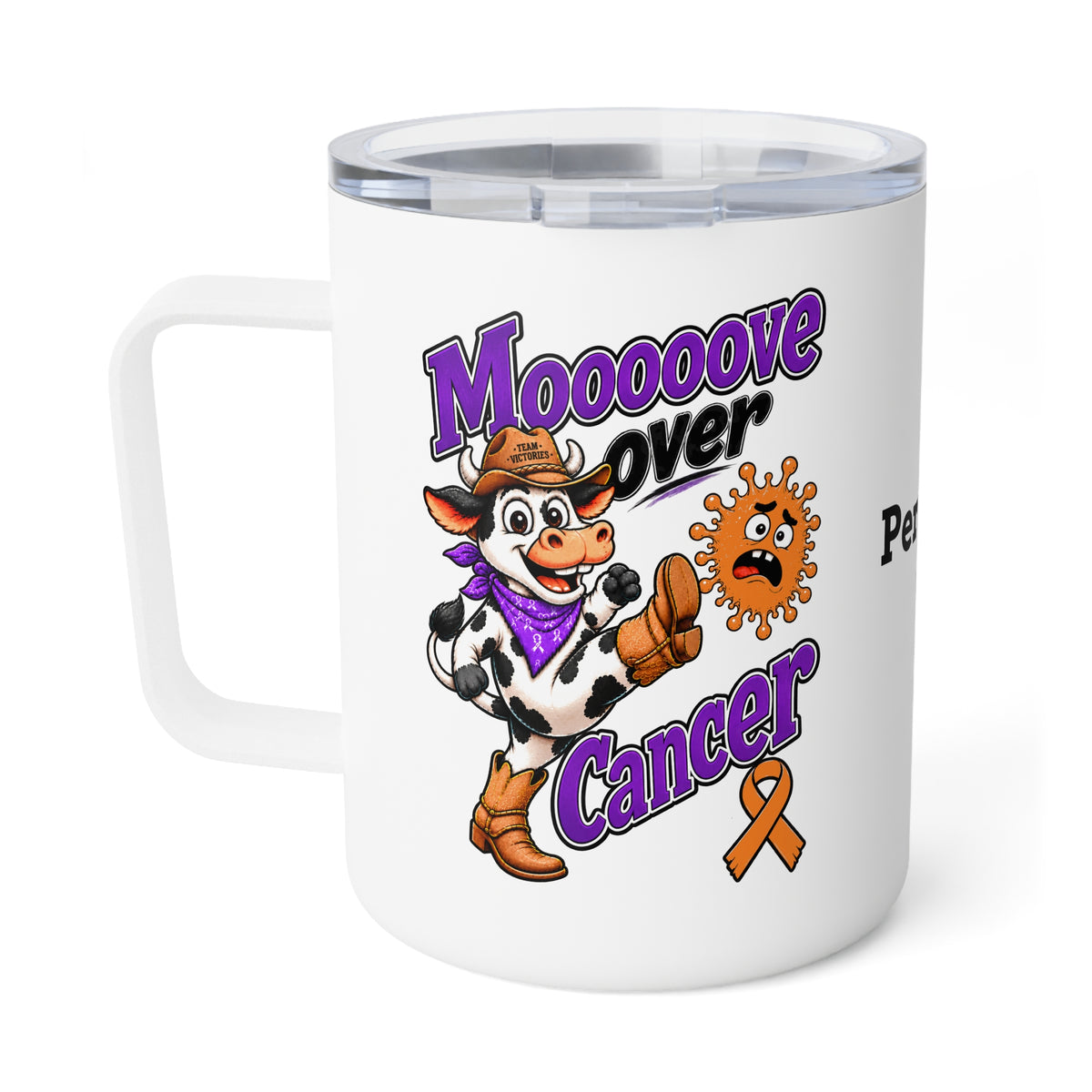 Moooove Over Cancer mug with cow artwork and orange Team Victories awareness ribbon