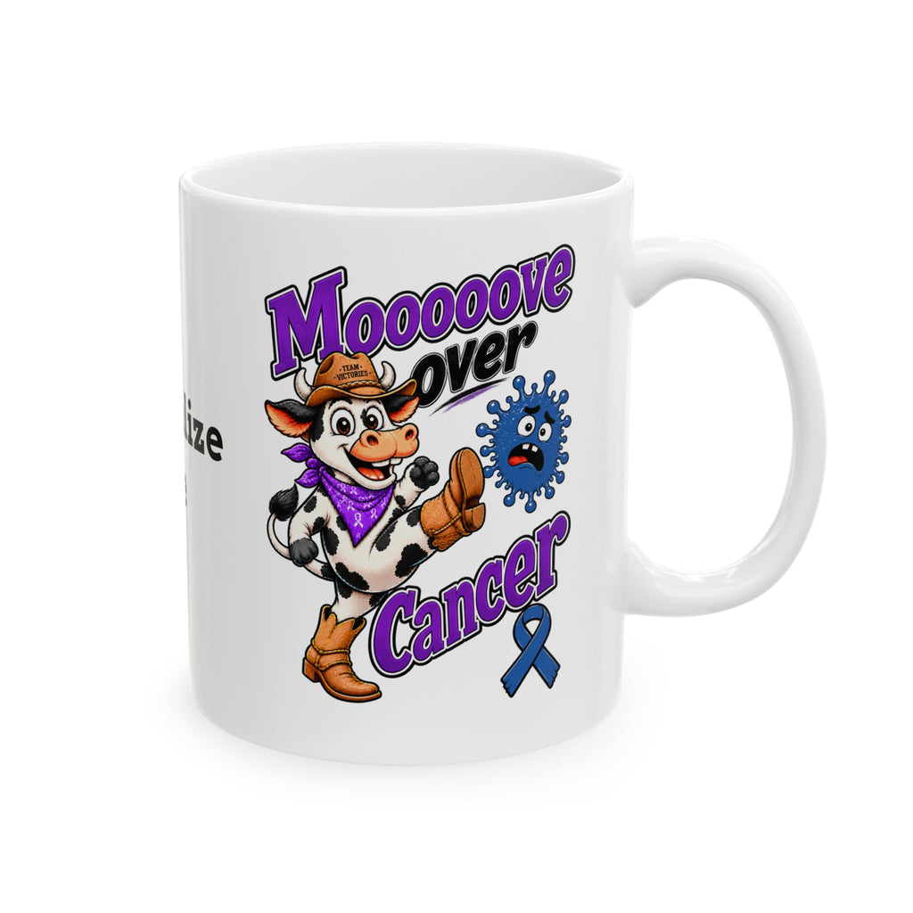 Moooove Over Cancer ceramic mug with cow artwork and Colon Cancer awareness ribbon