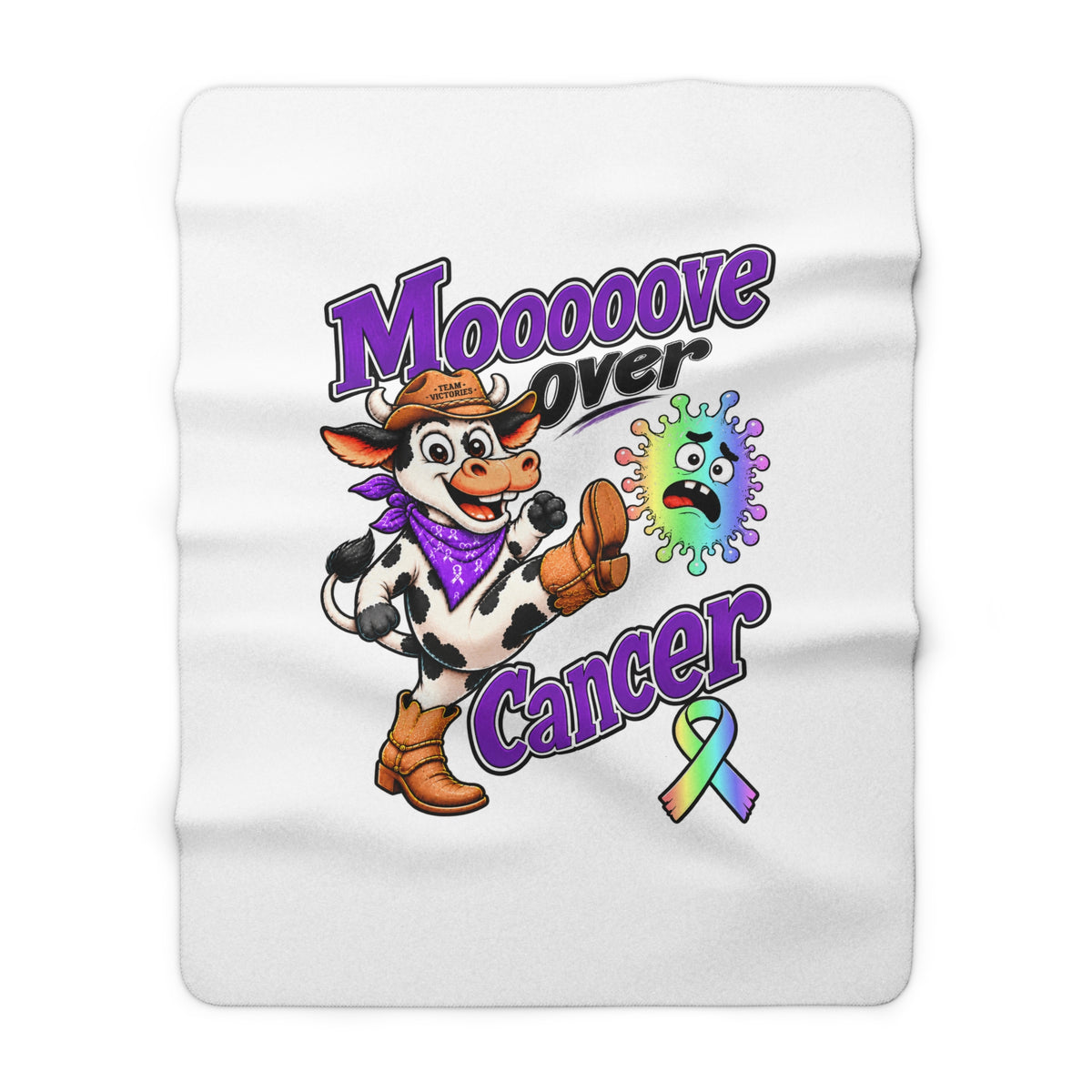 Moooove Over Cancer artwork centered on a soft white sherpa blanket