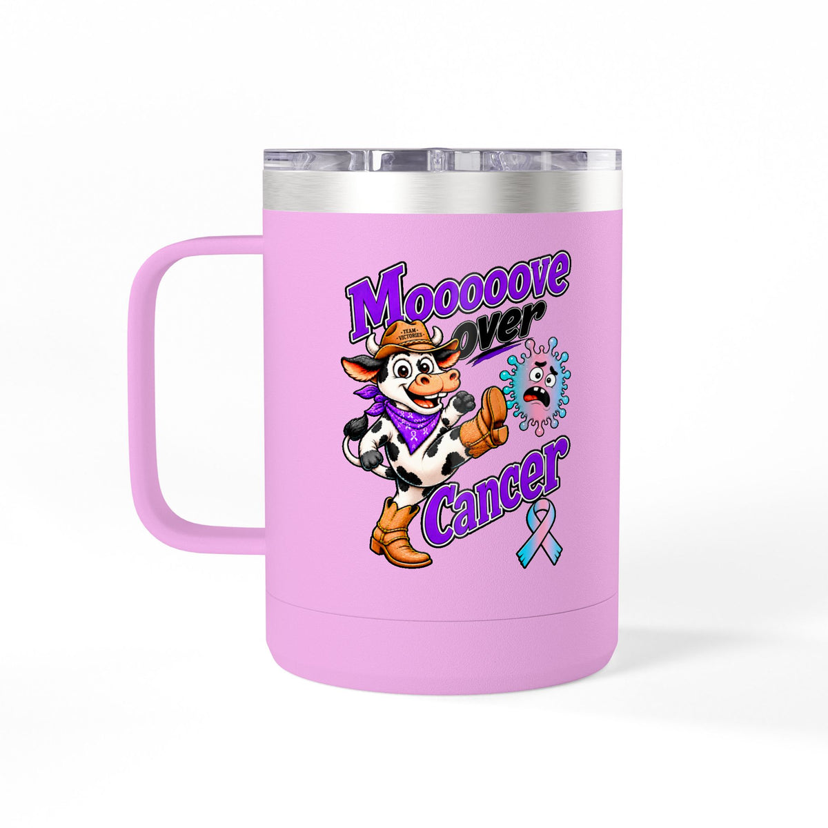 Moooove Over Cancer mug with Thyroid Cancer awareness ribbon, pink insulated finish
