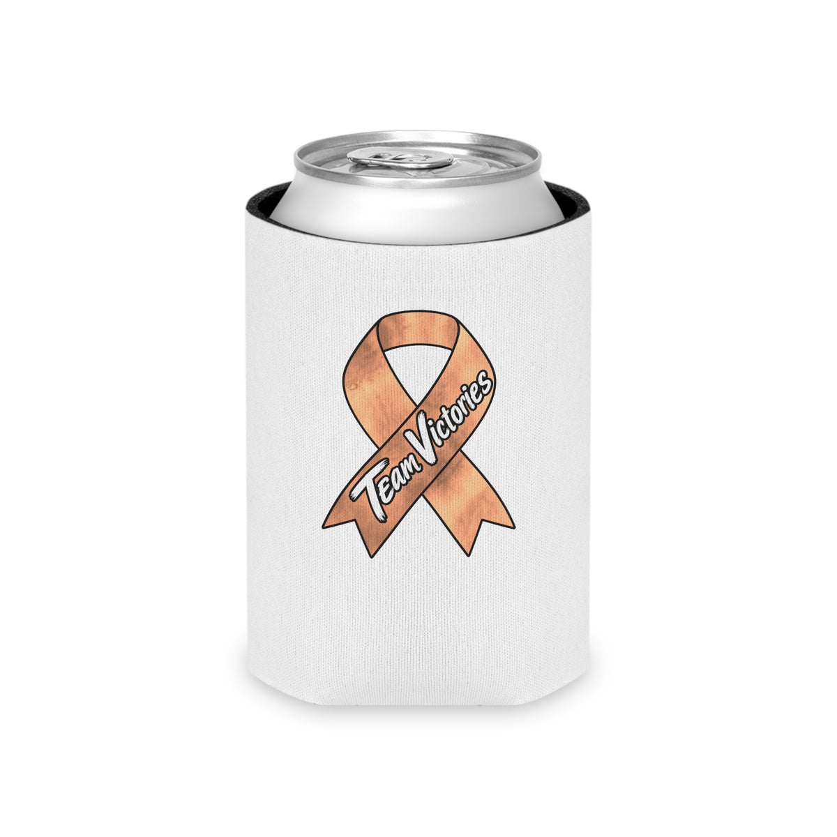 Team Victories ribbon can cooler wrapped around a beverage can