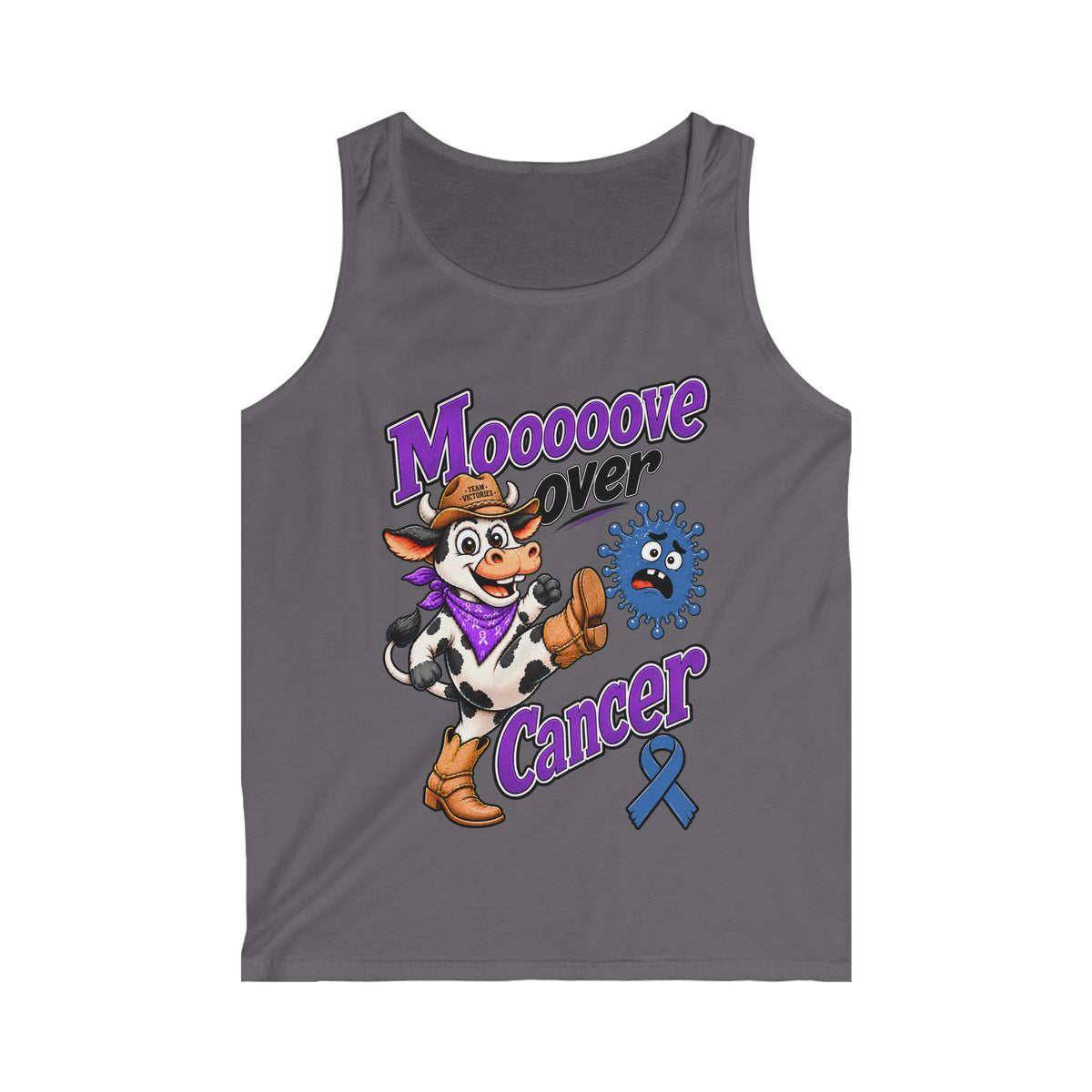 Charcoal Moooove Over Cancer tank top with Western cowgirl cow graphic