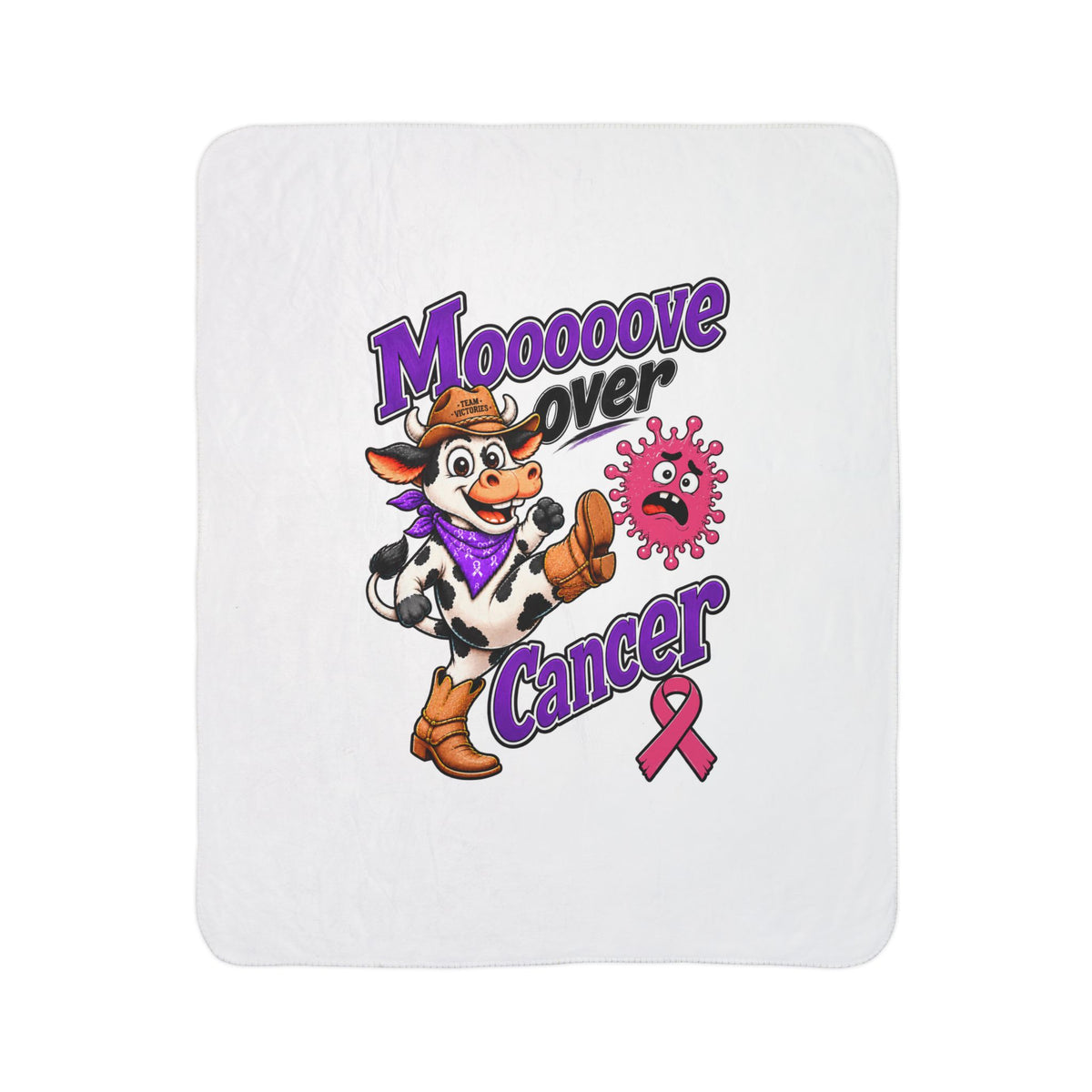 Moooove Over Cancer sherpa blanket with cowgirl character and pink Breast Cancer awareness ribbon