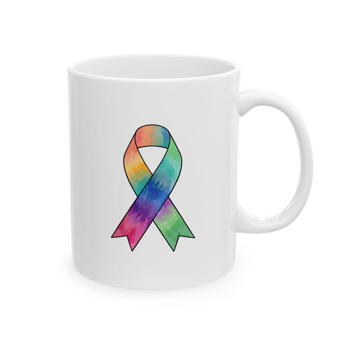 White ceramic mug featuring a multicolored awareness ribbon