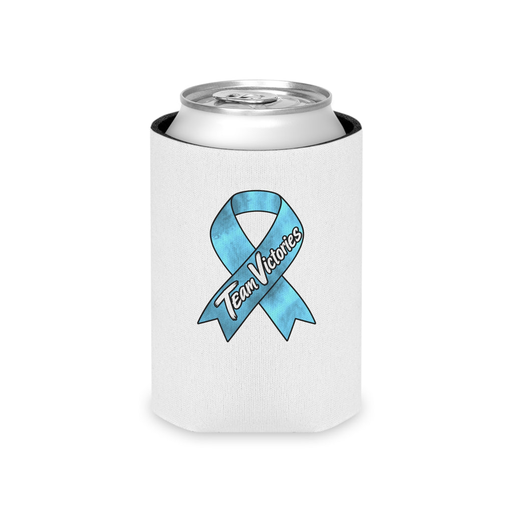 Team Victories blue ribbon can cooler shown with a beverage can