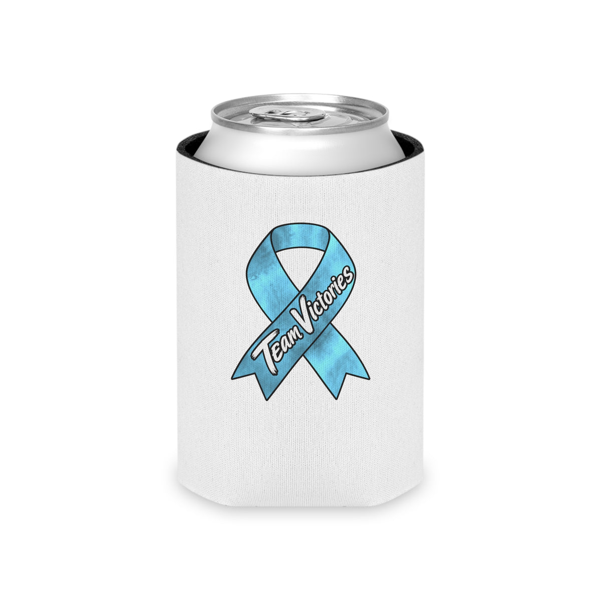 Team Victories blue ribbon can cooler shown with a beverage can