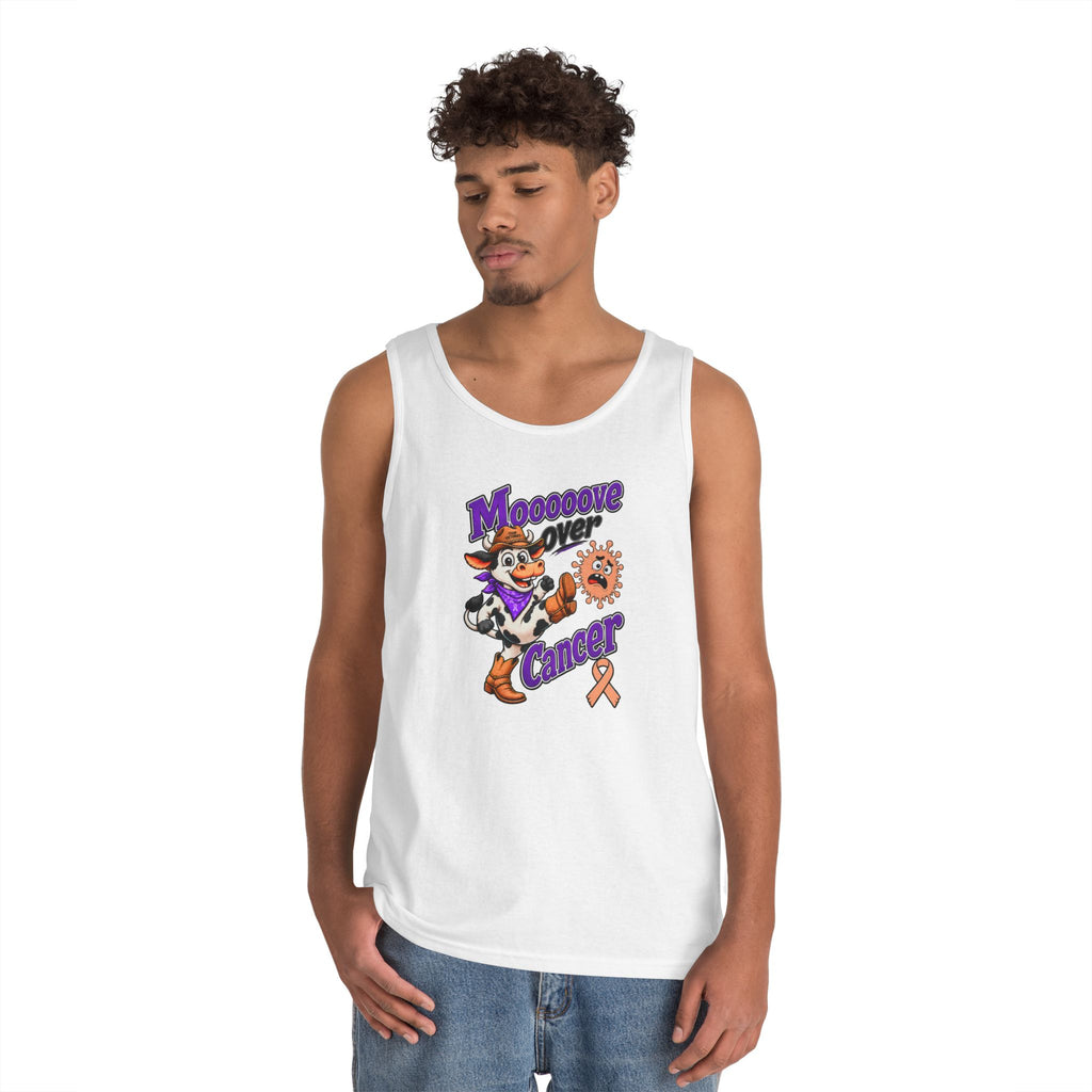 Man modeling a white Moooove Over Cancer tank top with Uterine Cancer awareness ribbon