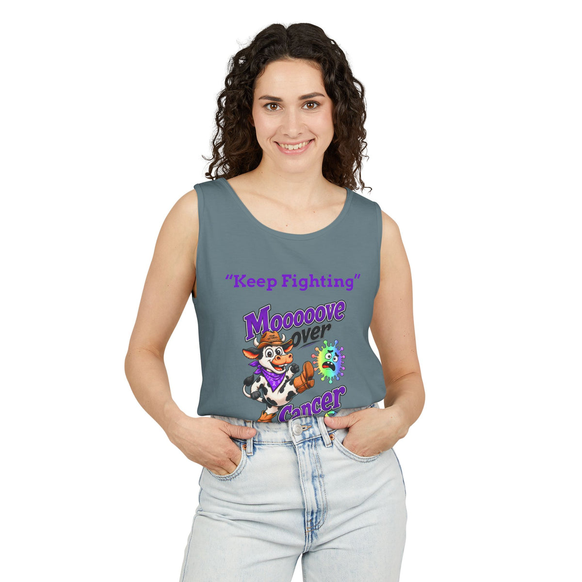 Man modeling a black Moooove Over Cancer tank top with Keep Fighting artwork
