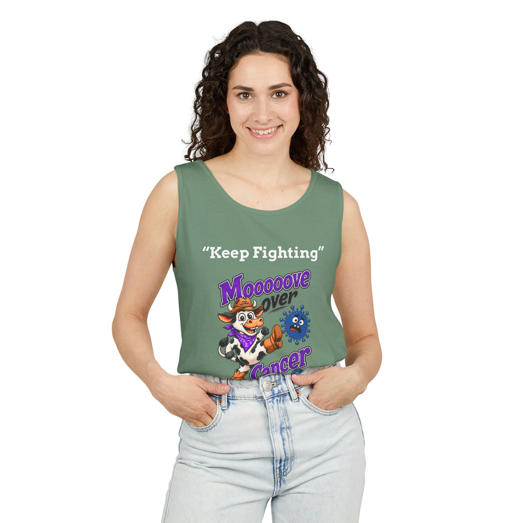 Man wearing turquoise Moooove Over Cancer tank top with encouragement design