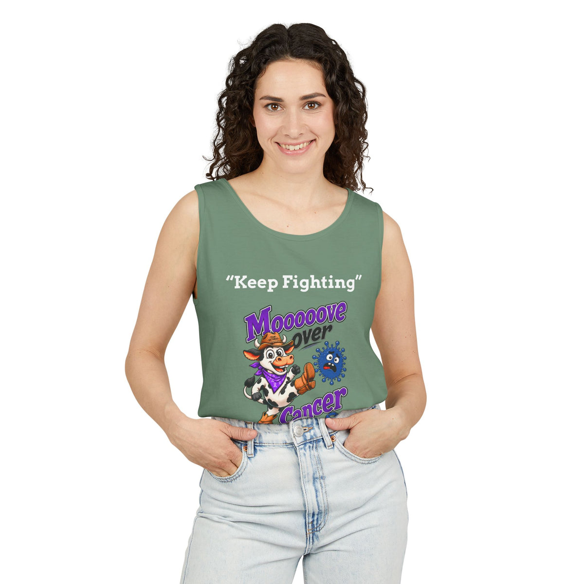 Man wearing turquoise Moooove Over Cancer tank top with encouragement design