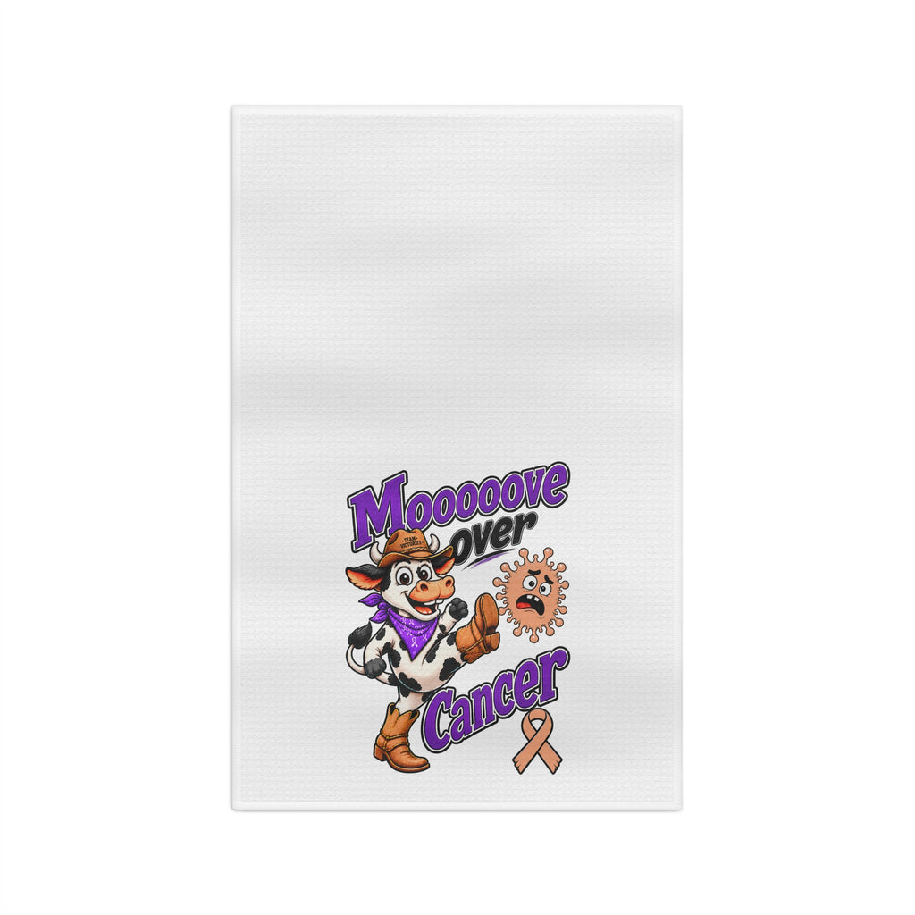 Moooove Over Cancer microfiber tea towel with cowgirl cow artwork and orange awareness ribbon