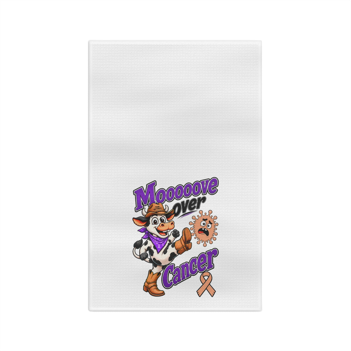 Moooove Over Cancer microfiber tea towel with cowgirl cow artwork and orange awareness ribbon