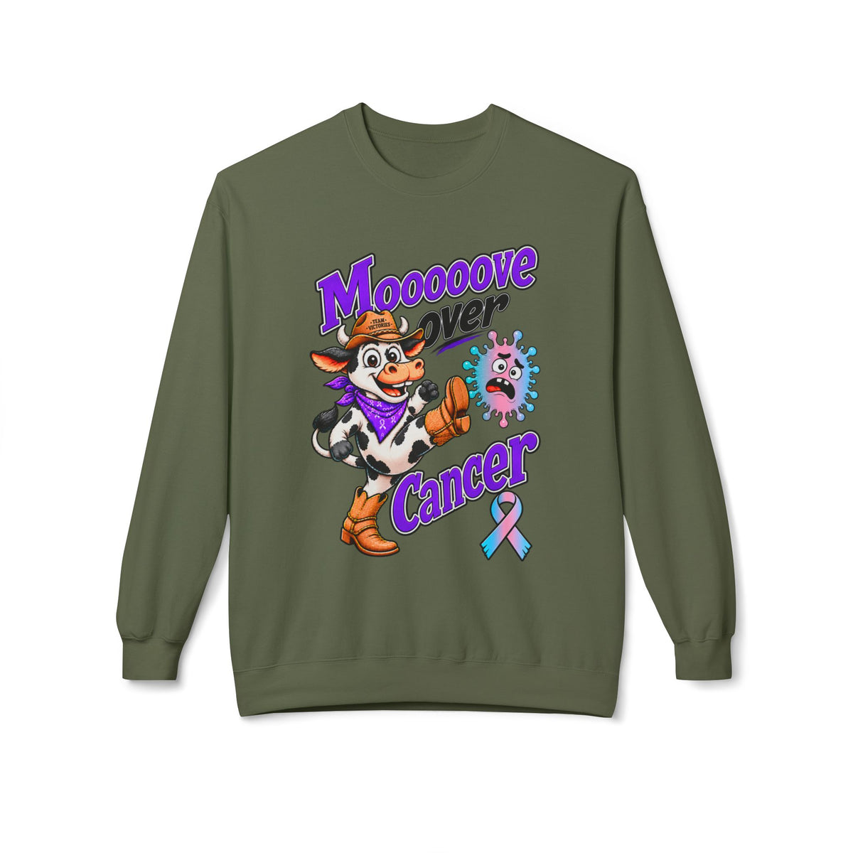 Moooove Over Cancer brown crewneck sweatshirt with cow graphic and Thyroid Cancer awareness ribbon
