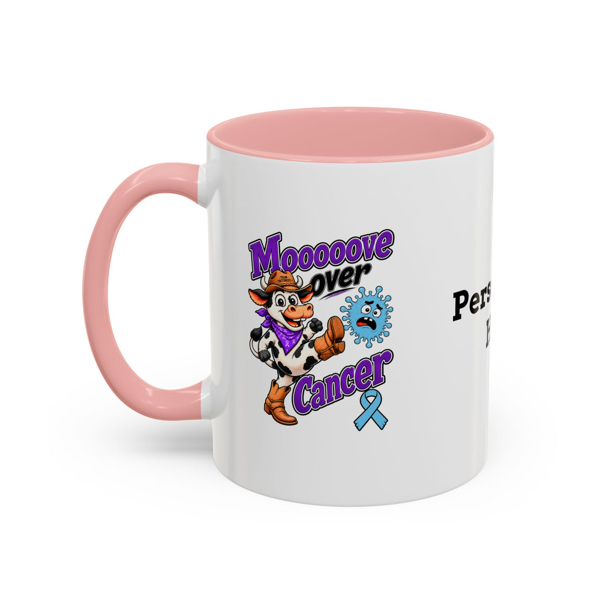 Moooove Over Cancer mug with colorful accent handle and Prostate Cancer awareness ribbon