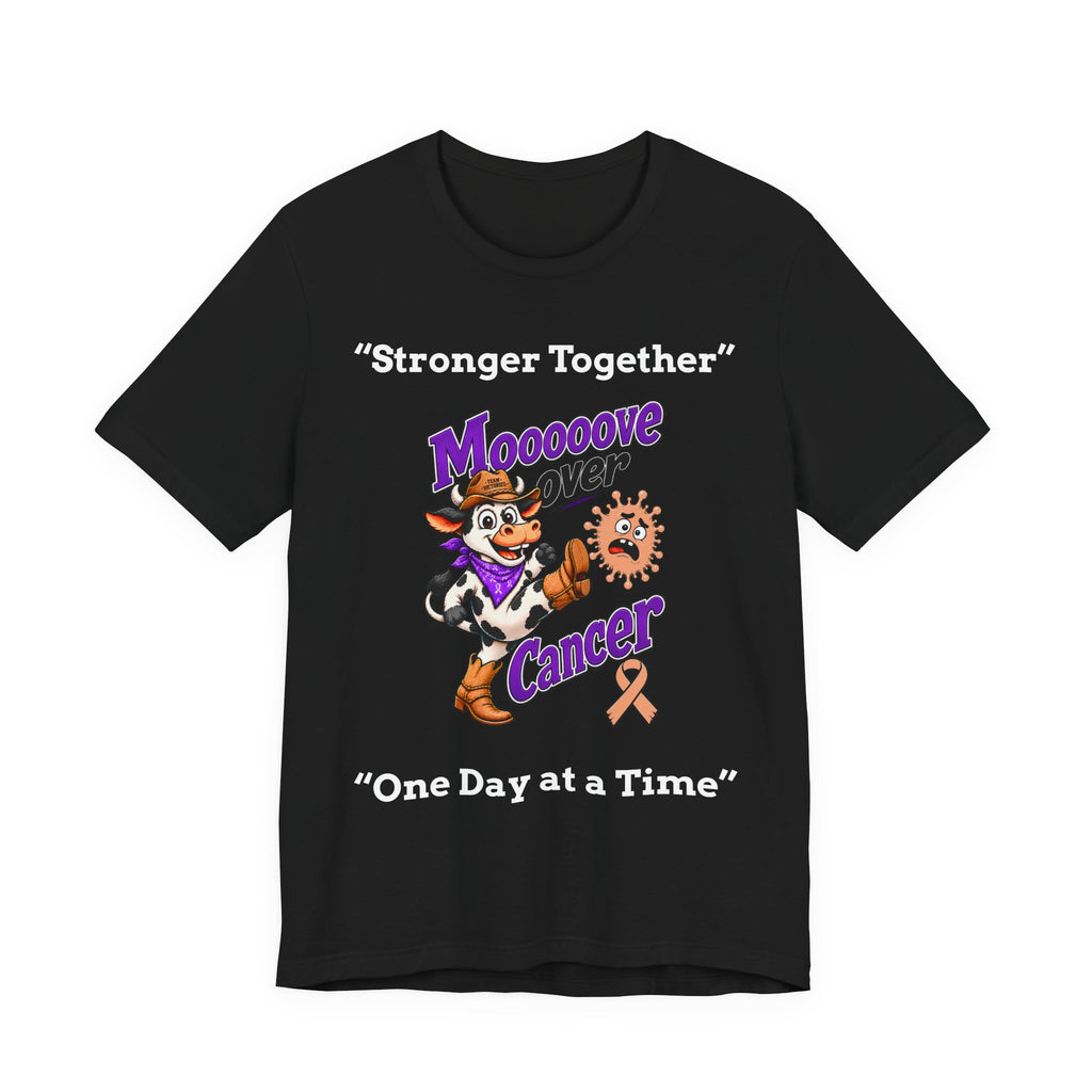 Black Moooove Over Cancer shirt with white slogans and purple cowgirl graphic